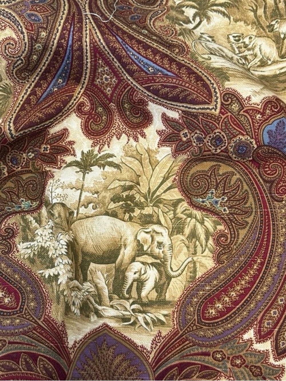 Vintage-Inspired Elephant Paisley Fabric in Burgundy, Gold & Blue Robert